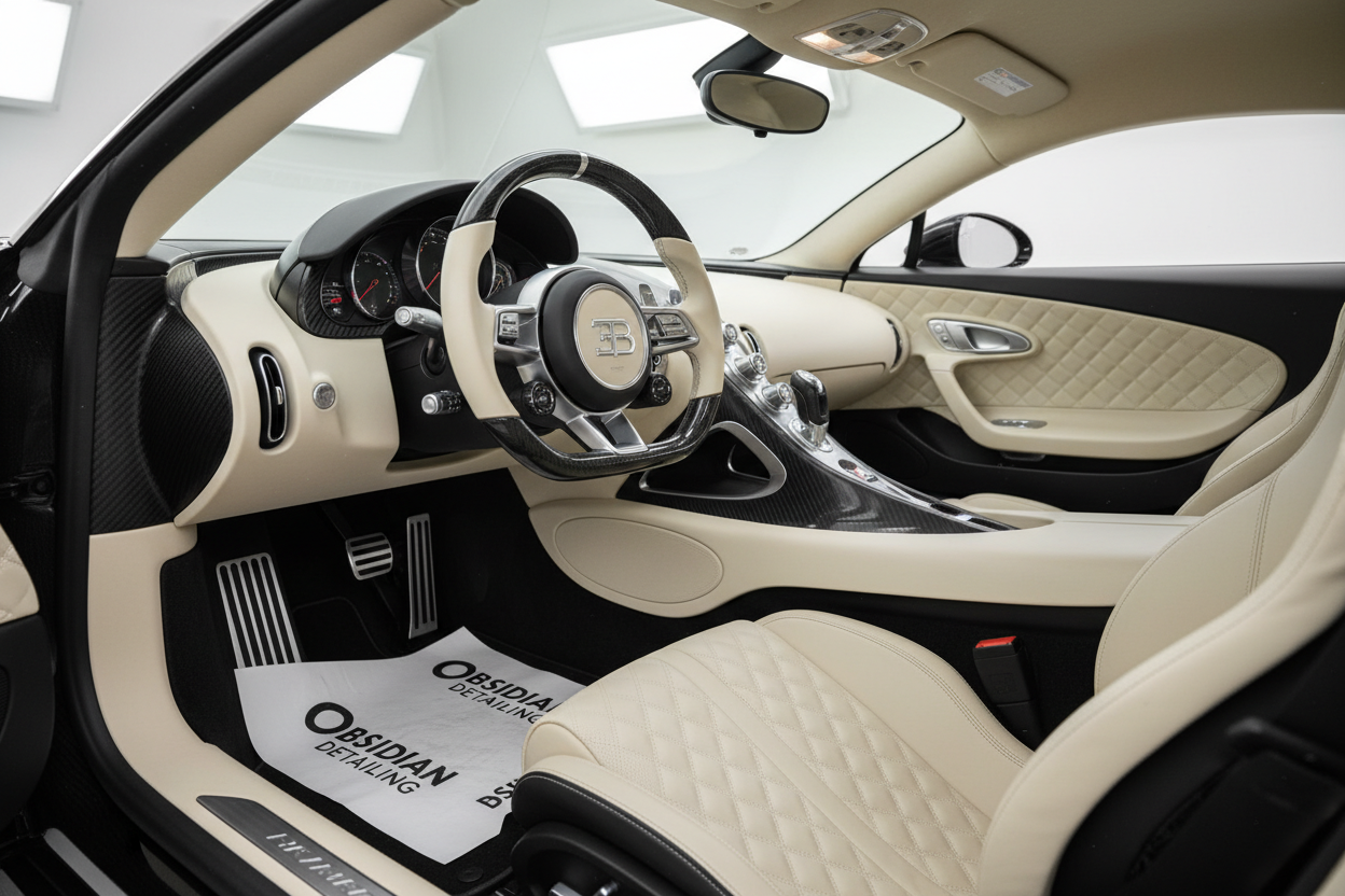 a bugatti interior fully detailed with the Obsidian Detailing temporary paper mats inside on the car mats. 